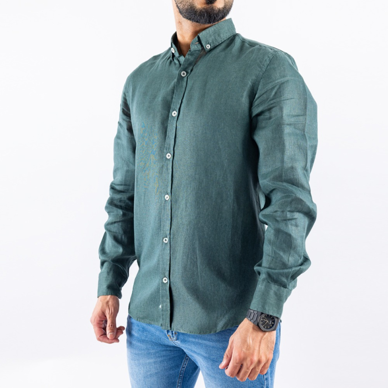 Men's Long Sleeve Shirt - Linen Modern Fit -  Olive