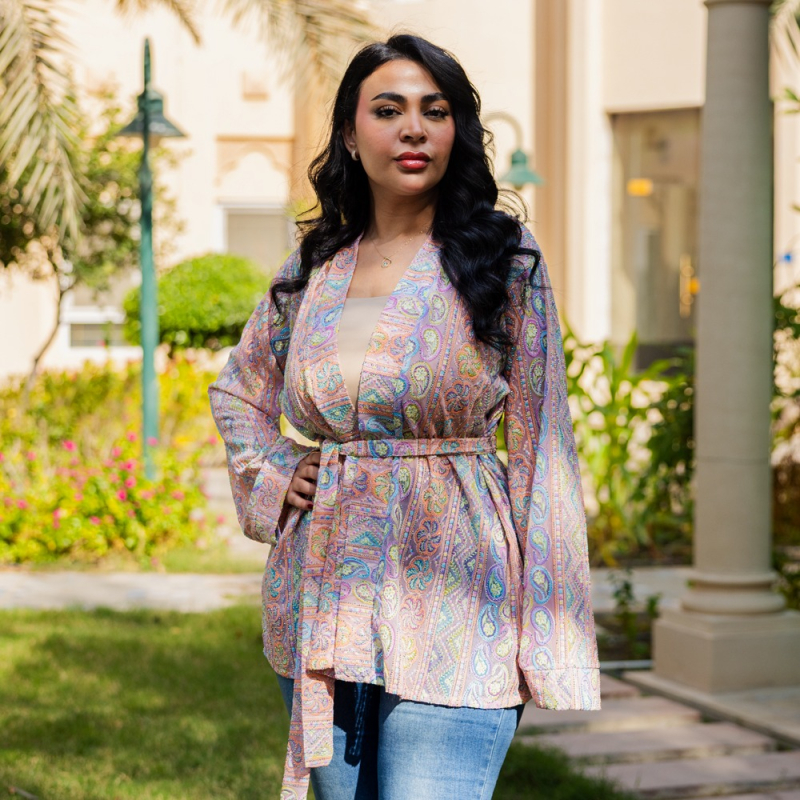 Women's Elegant Regular-Fit Open Kimono with Belt - Embroidery &amp; Beaded, Formal Gatherings - Orange