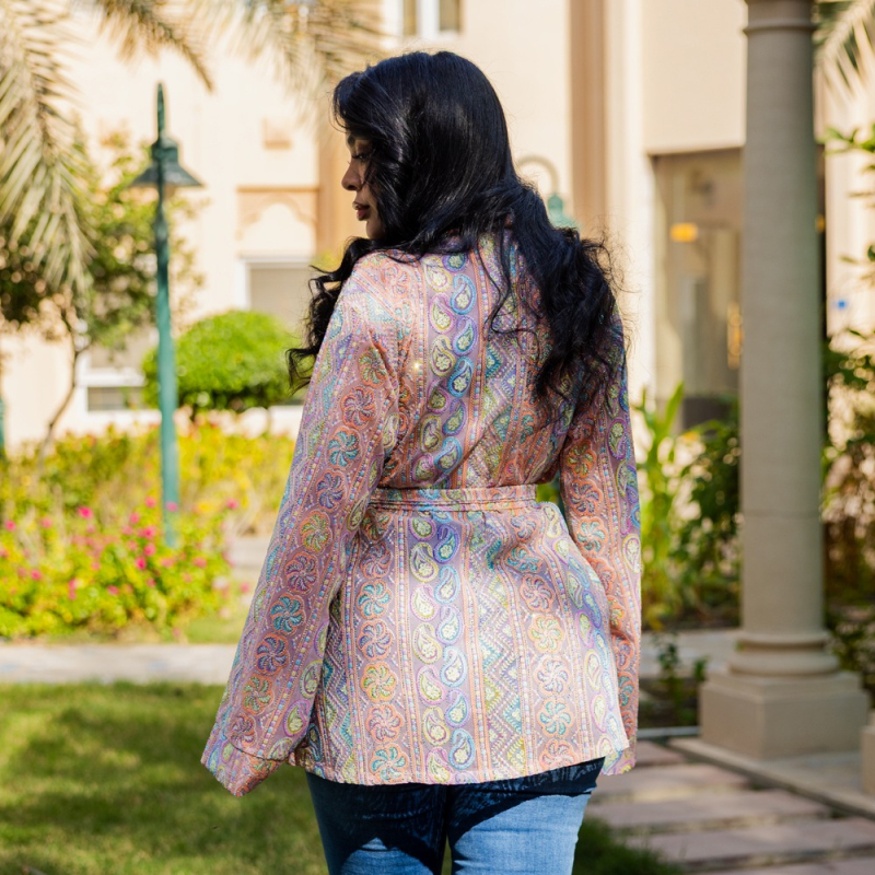 Women's Elegant Regular-Fit Open Kimono with Belt - Embroidery &amp; Beaded, Formal Gatherings - Orange